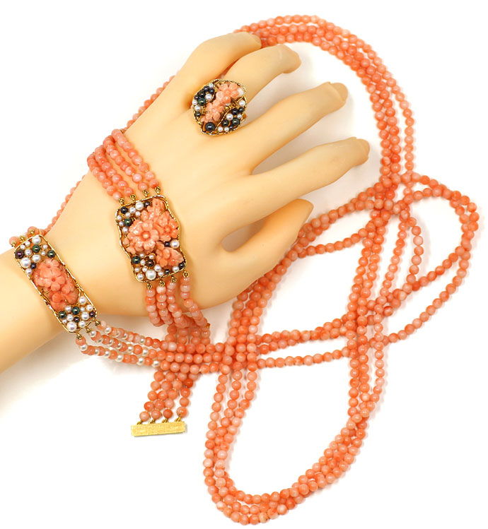 Foto 8 - Set rosa Korallen Perlen Ring Kette Armband, S9289